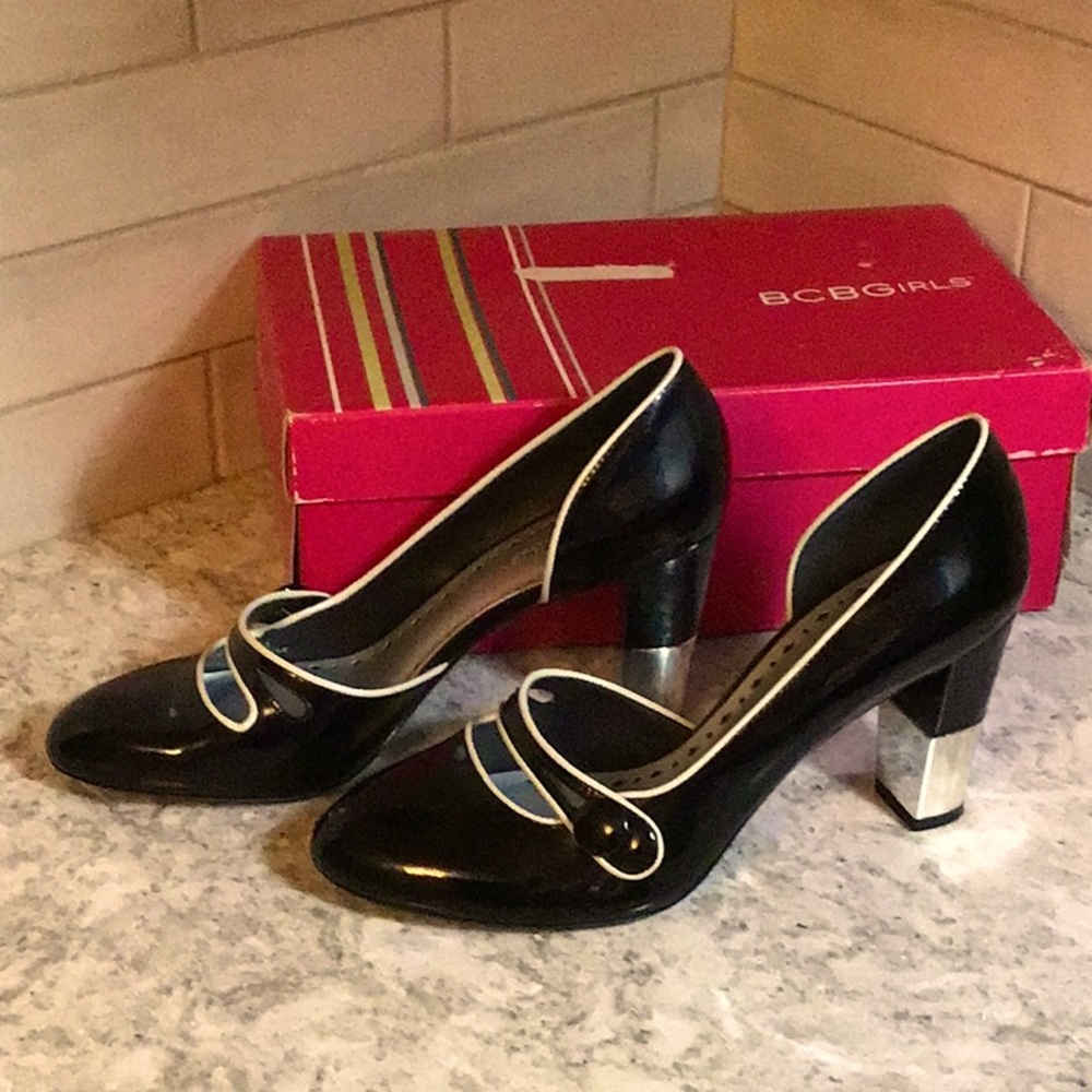 BCBGirls black patent, white trim, silver heel 8.5